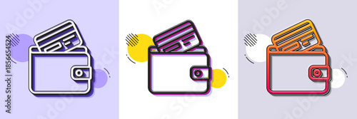 Wallet with Credit card line icon. Halftone dotted pattern. Gradient icon with grain shadow. Cash money sign. Payment method symbol. Line debit card icon. Various designs. Vector