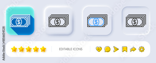 Payment line icon. Neumorphic, Flat shadow, 3d buttons. Dollar exchange sign. Finance symbol. Line payment icon. Social media icons. Vector