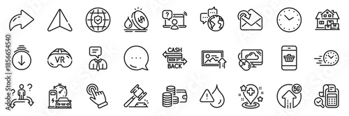 Smartphone buying, Cashback card and Online question line icons pack. Share, Message, Paper plane icons. Waterproof, Vr, Receive mail web icon. Vector