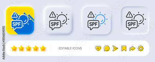 Spf protection line icon. Neumorphic, Flat shadow, 3d buttons. Sun protect sign. Sunscreen effect symbol. Line spf protection icon. Social media icons. Vector