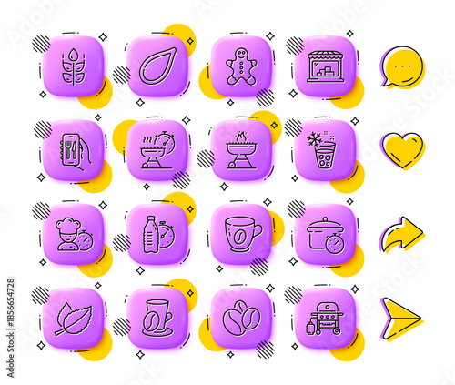 Grill, Pumpkin seed and Grill time line icons. App 3d buttons. Social media comment, share, like icons. Pack of Market, Boiling pan, Gluten free icon. Vector