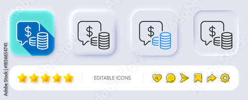 Coins line icon. Neumorphic, Flat shadow, 3d buttons. Cash money sign. Business income symbol. Line coins icon. Social media icons. Vector