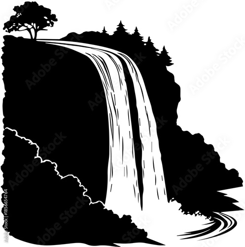 Majestic Waterfall Silhouette Landscape with Trees