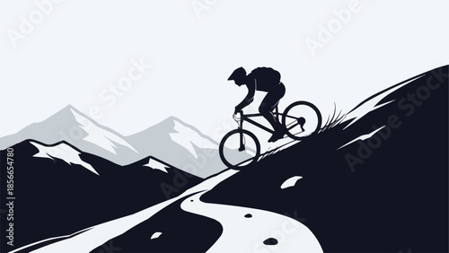 Silhouette of a mountain biker riding downhill on a winding trail.