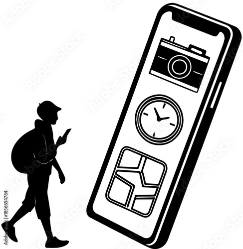Traveler Walking with Smartphone Silhouette