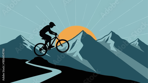 Silhouette of a mountain biker riding on a trail with mountains and sun in the background.