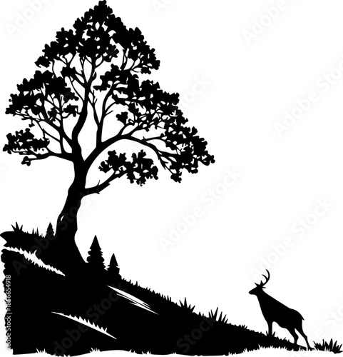 Black and White Forest Scene with Deer
