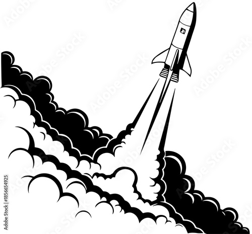 Powerful Black and White Rocket Launch Illustration with Stylized Smoke Trail – Space Exploration Concept