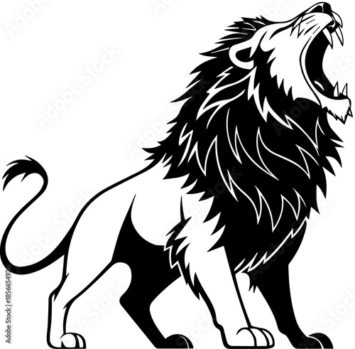 Fierce Black and White Roaring Lion Illustration with Bold Mane – Symbol of Strength and Courage
