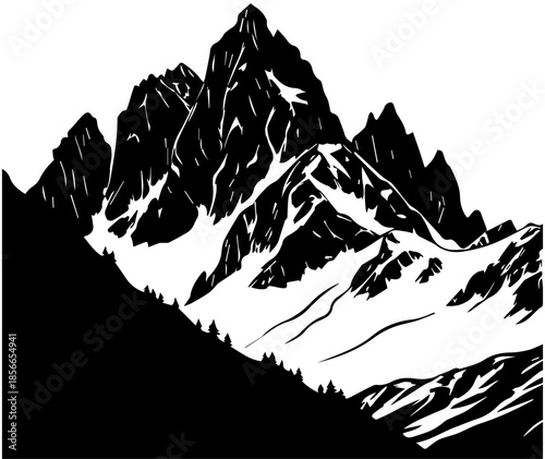 Dramatic Black and White Mountain Range Illustration with Snow Peaks and Forest Silhouette