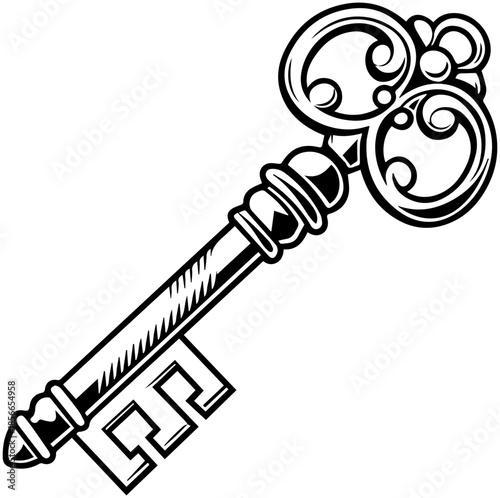 Black and White Ornate Vintage Key Drawing
