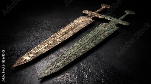constancies. Two ancient bronze swords with complementary patina on a dark surface. event programs, museum guides, designed for cultural heritage projects and event programs.