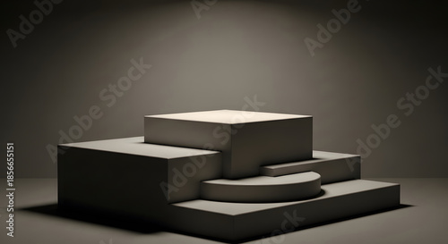 Geometric podium display with layered cube composition and spotlight casting dramatic shadow for product presentation or artistic exhibition
