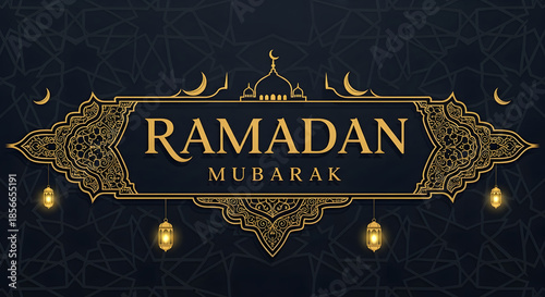 Elegant ramadan mubarak greeting islamic ornament with mosque crescent moon lantern gold frame on dark background for festive banner
