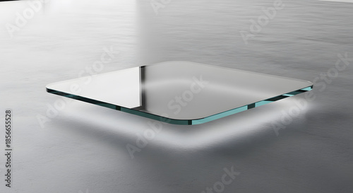 Square glass panel levitating slightly above concrete floor in bright room with soft light from window on left modern and minimalistic