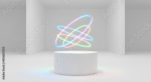 Abstract Neon Orbs Hovering Above Cylinder Podium in Minimalist Setting Emphasizing Technology and Modern Design Aesthetics