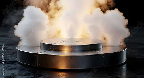 Metallic Industrial Stage with Steam Effects Emphasizing Technological Innovation for Product Presentations and Theatrical Performances