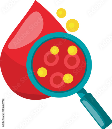 Magnifying glass examining blood cells in a drop of blood.