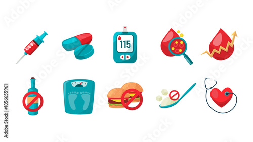 Diabetes management and prevention icons set.