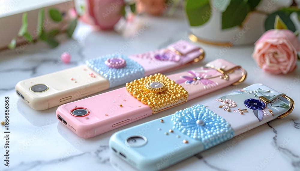 Fototapeta premium Elegant and feminine mobile phone cases adorned with delicate floral and jewel embellishments