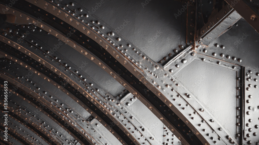 Naklejka premium Close-up abstract view of a dark metallic truss structure with rivets
