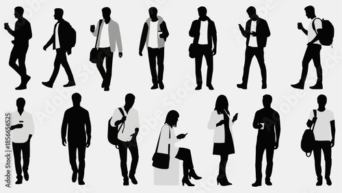 Silhouettes of diverse people in casual clothing using smartphones.