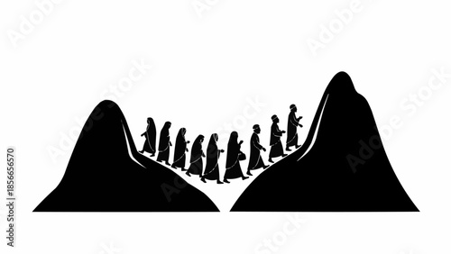 Silhouettes of people walking in a line between two mountains.