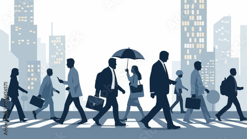 Silhouettes of people walking across a city street on a crosswalk.