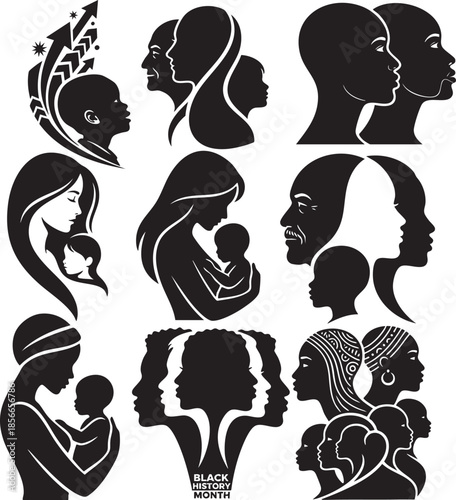 Black Family and Mother with Child Silhouette Portrait Set