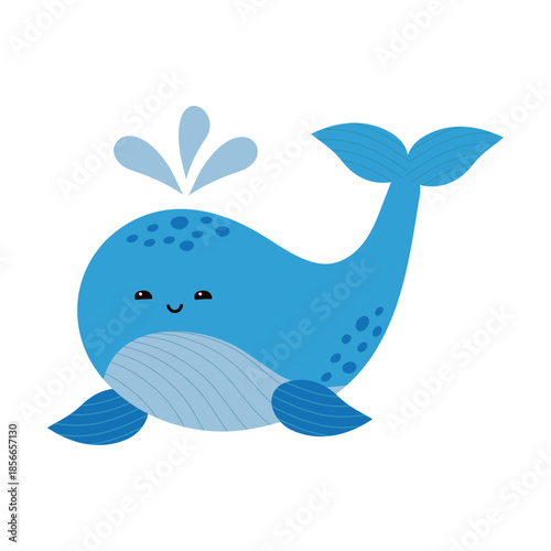 Hand-drawn whale. Cute happy baby whale. Isolated vector illustration on a white background.