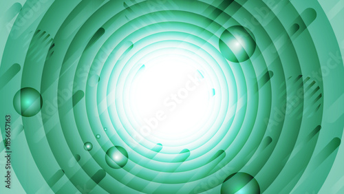 Abstract Teal Green Futuristic Background with Luminous Concentric Rings and Radiant White Center Featuring Dynamic Motion Shapes for Modern Tech Wallpapers and Digital Art Designs