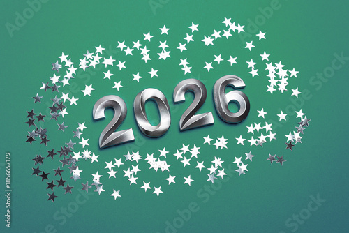 Metallic 2026 Numbers with Silver Star Confetti on Green Background