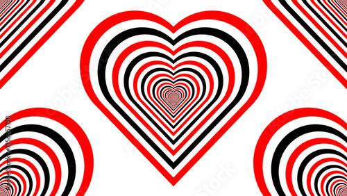 Vibrant Red and Black Striped Heart Pattern on White Backdrop Featuring a Hypnotic Tunnel Effect Ideal for Romantic Social Media Posts Wedding Invites and Contemporary Graphic Designs