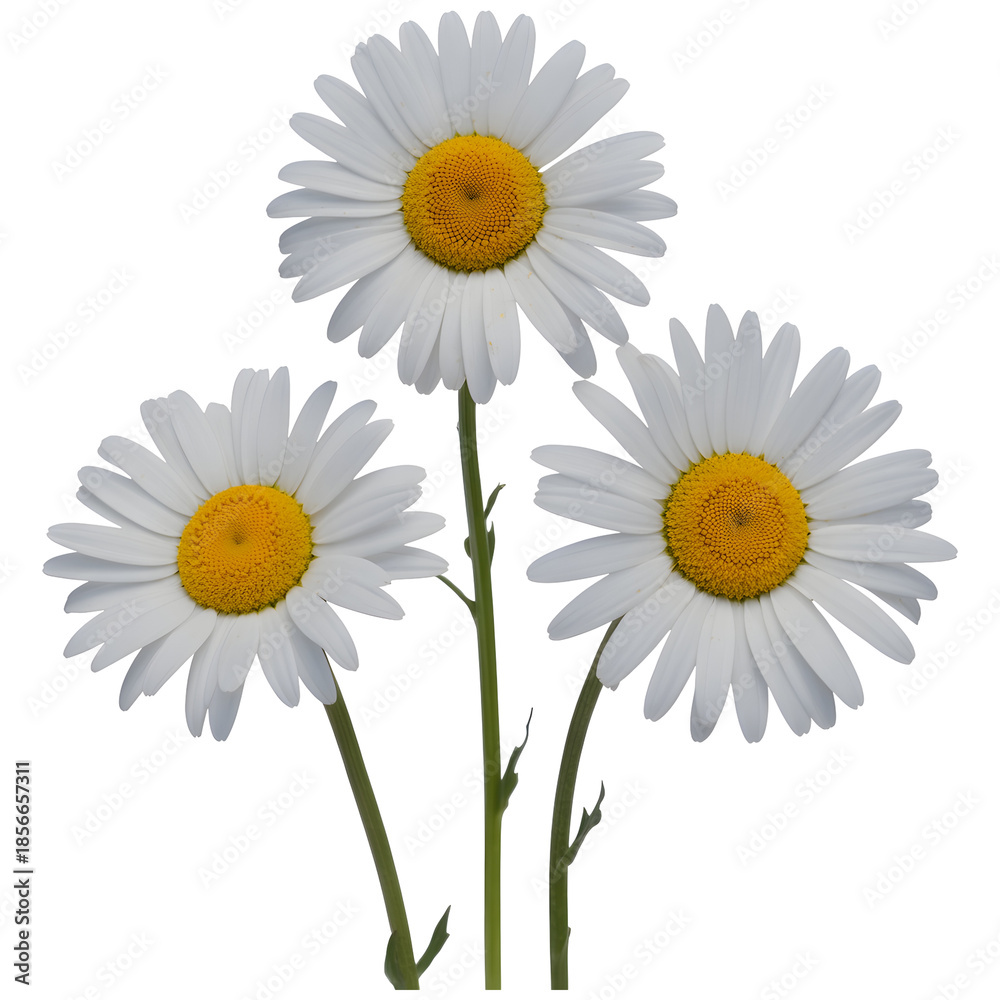 Fototapeta premium Three White Daisies with Yellow Centers Growing in a Natural Setting Isolated on Digital on a transparent background PNG