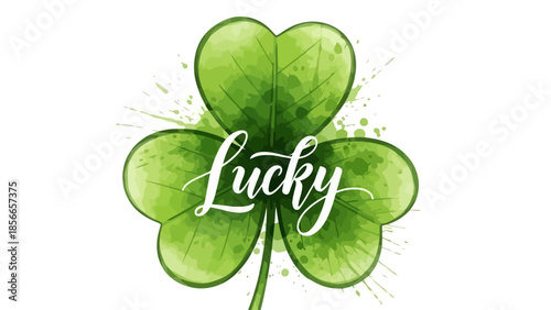 Vibrant Green Clover with "Lucky" Calligraphy for St. Patrick's Day Celebration
