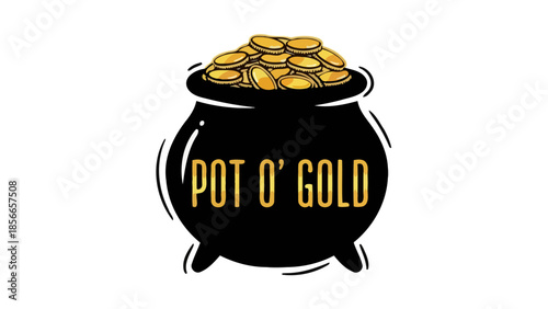 Black Pot O' Gold Filled with Shiny Golden Coins, Vector Illustration