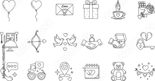 Set of handdrawn valentines day and love icons for romantic design projects