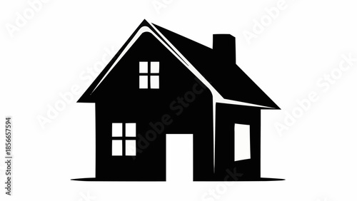 Simple Black Silhouette of a Two Story House with Chimney.