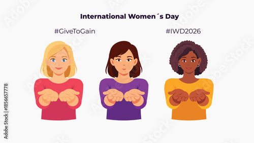 Give to Gain Action social campaign. International Womens Day. 2026. Horizontal banner. Suitable for social media projects.