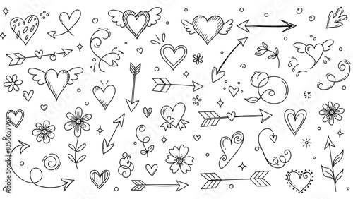 A cute and romantic monochromatic sketch style line art pattern of hand-drawn hearts, arrows, and floral doodles, ideal for valentine's day decoration isolated on white.