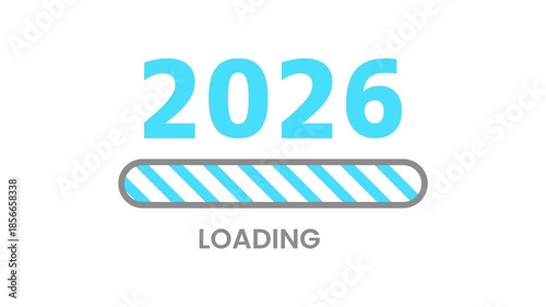 2026 Loading Animation with Blue Striped Progress Bar, Text at Bottom, Clean White Background