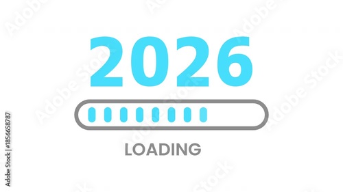 2026 Loading Animation with Segmented Blue Progress Bar, Text at Bottom, Minimalist White Background