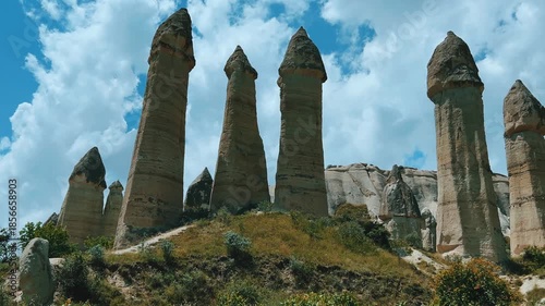 The Valley of Love in Goreme National Park. Unique rocks of various shapes. Sandstone cliffs. The wonders of Cappadocia are rock formations. The unusual shapes of the rocks are the property of Turkey.