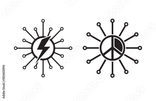 Black and white peace and power symbols in sunburst design
