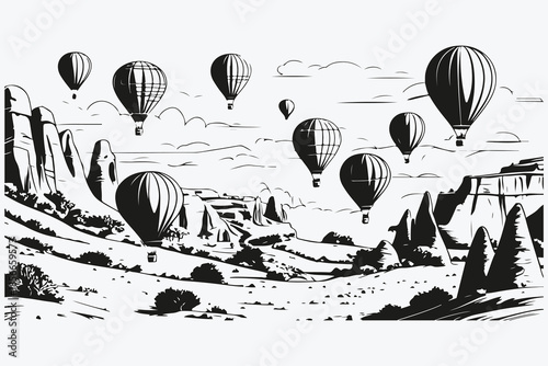 Cappadocia landscapes with hot air balloons sketch illustration vector