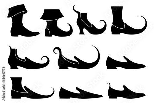 Set of medieval and fantasy shoe silhouettes with curled toes