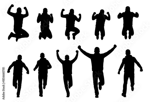 Set of happy men silhouettes jumping and running