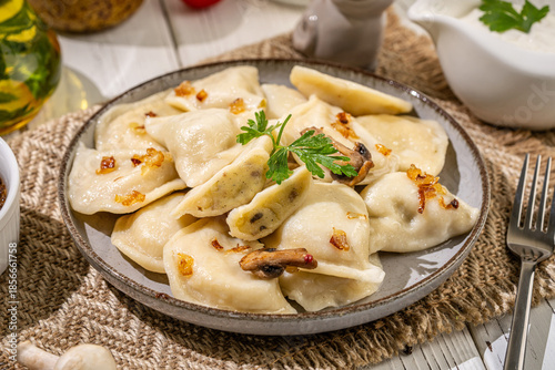 Traditional mushroom vareniki dumplings plate