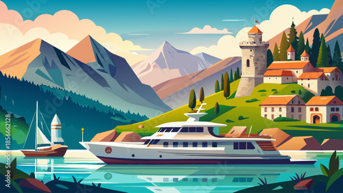 Very beautiful travel scene of a luxury yacht on calm waters, framed by majestic Swiss mountains and a historic lakeside castle, creating a peaceful atmosphere of elegance and relaxation.