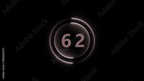 Illuminated Circle with Number 62 on Black Background numeral count